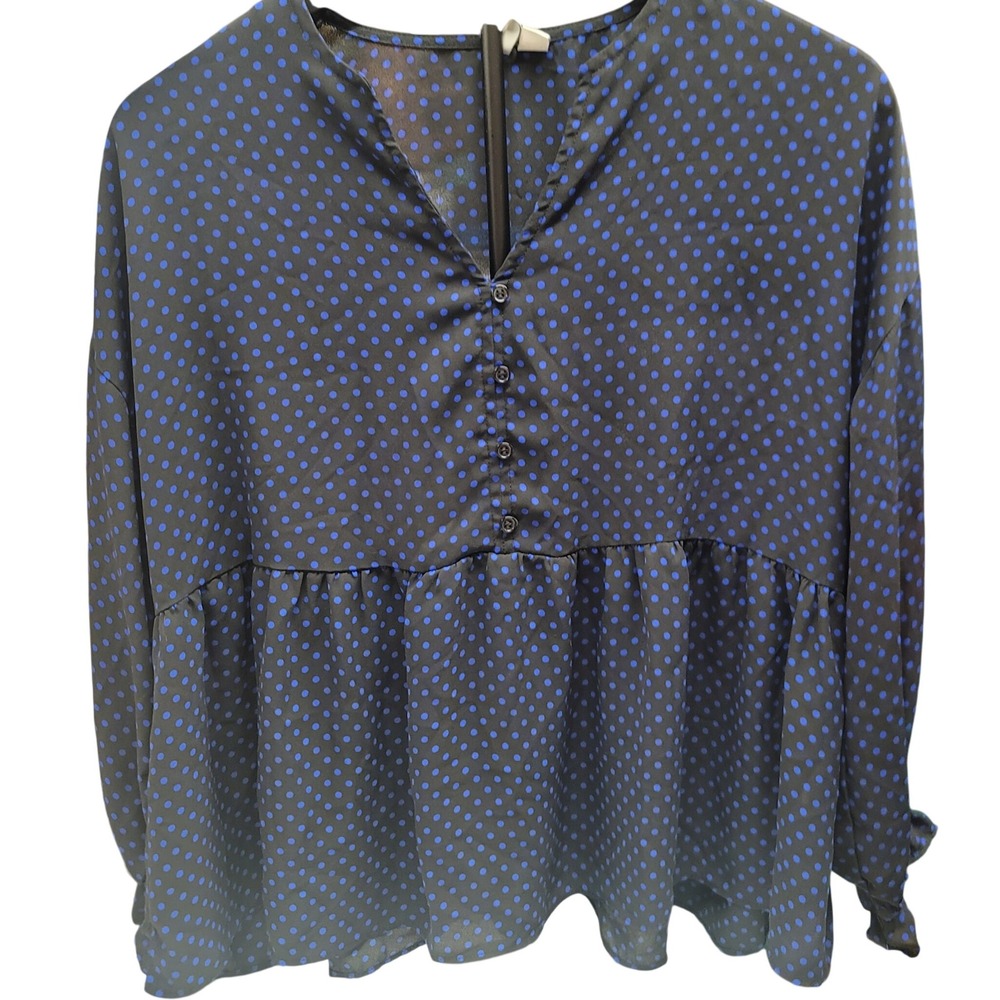 Classy CATO Polka‎ Dot Peplum Blouse Women's Black Blue Long Sleeve Career